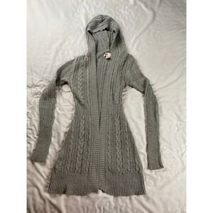 SO Gray Cable Knit Hooded Duster Cardigan Open Front Long Sweater Womens XS